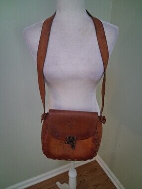 Vintage Hand Tooled Leather Crossbody Saddle Bag